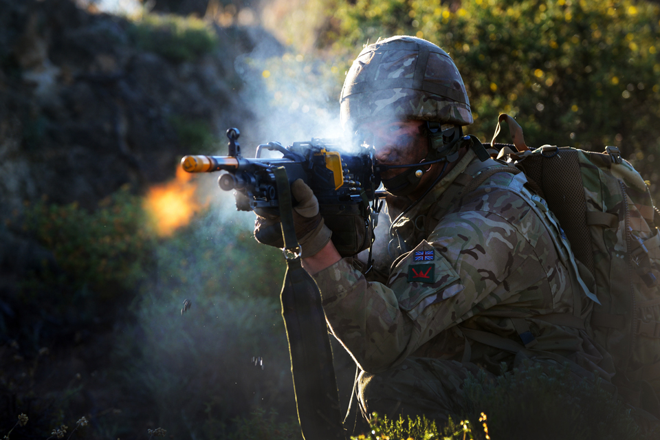A reservist soldier fires a machine gun