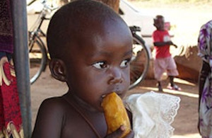 Little girl eating an orange sweet potato