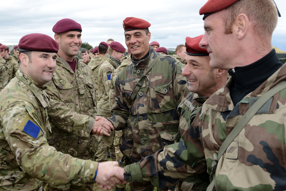 British and French paratroopers congratulate each other
