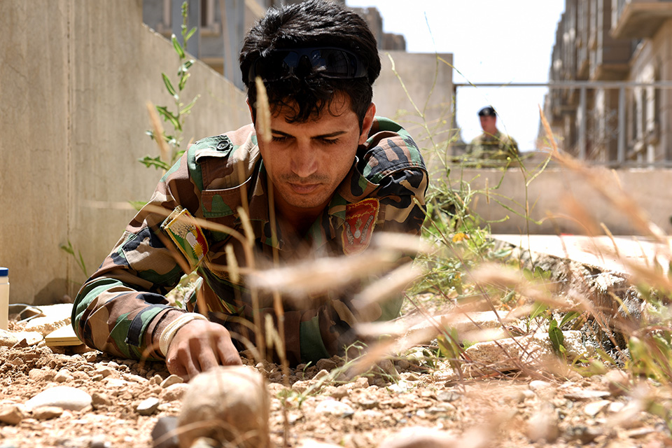 A Kurdistan troop takes part in training to find Improved Explosive Devices as part of his training which is being delivered to them by British Soldiers in Erbil, Iraq.