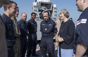 Prime Minister meeting Royal Navy personnel on board HMS Ocean in Bahrain.