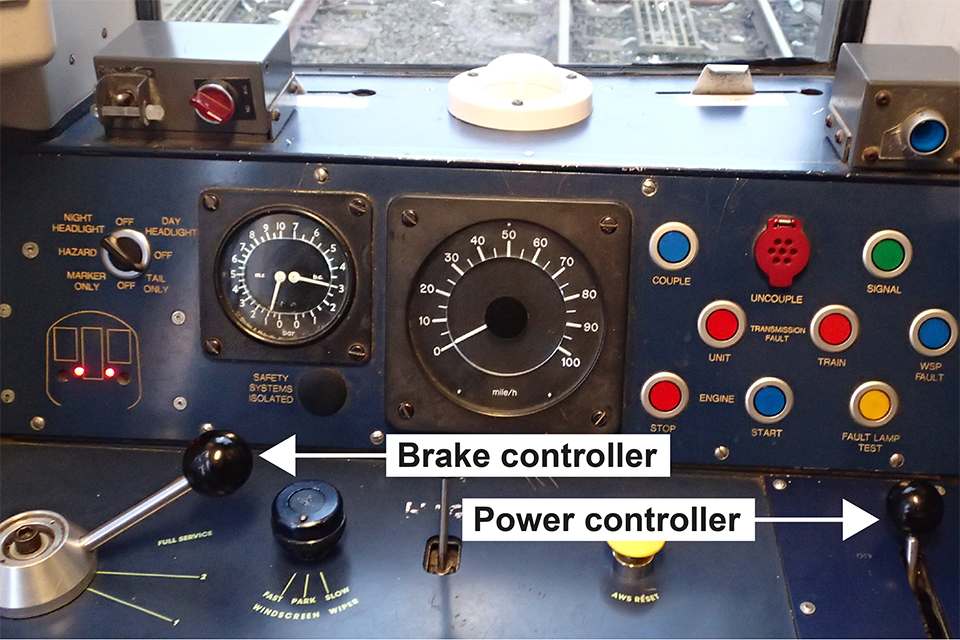 The driver's desk of a class 158 showing the power and brake controllers along with other train controls