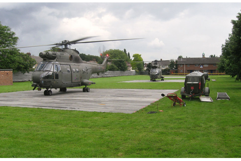 RAF Puma helicopters at Ilford Territorial Army Centre 