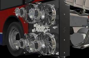 Exploded computer generated view of cooling system at the back of a bus