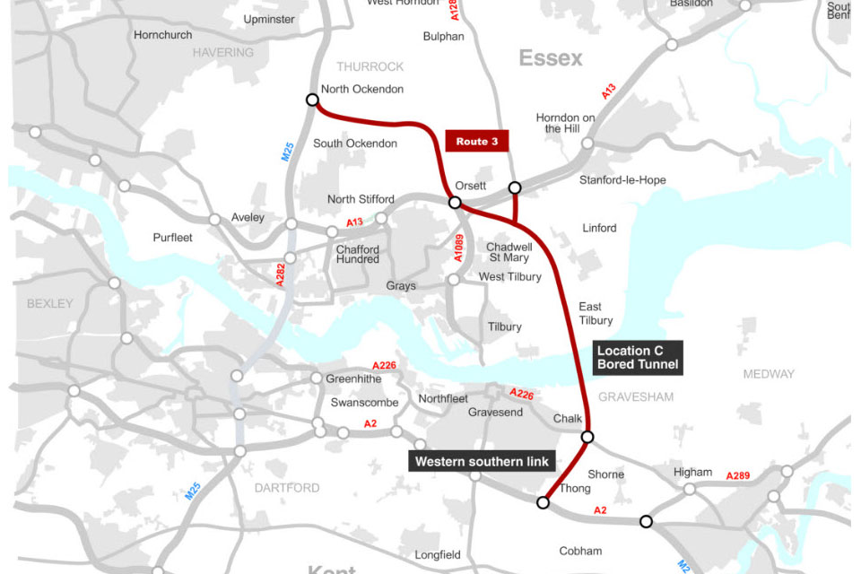 Image of map showing the preferred route of the Lower Thames Crossing.