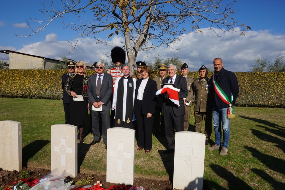 The Rose family accompanied by Reverend Jacob Caldwell, members of the Coldstream Guards, British Exchange Officer Colonel David Rook and Italian officials, Crown Copyright, All rights reserved