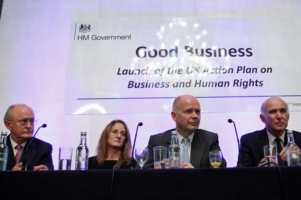 Foreign Secretary William Hague and Business Secretary Vince Cable with Professor John Ruggie, the former UN Secretary General’s Special Representative on Business and Human Rights and author of the UN Guiding Principles and Marcela Manubens, Global VP fo