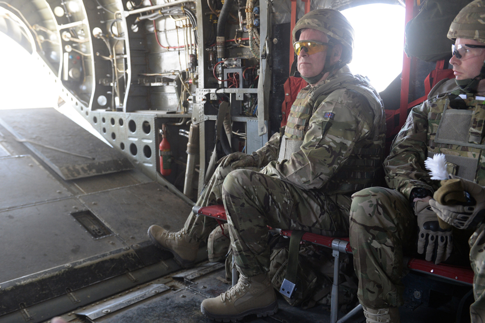 The Duke of York on board a Chinook helicopter 