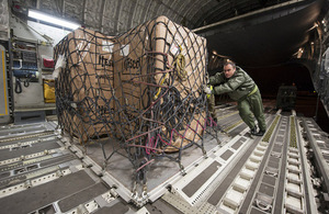 Equipment being loaded onto the RAF C-17 aircraft [Picture: Senior Aircraftman Ben Lees, Crown copyright]