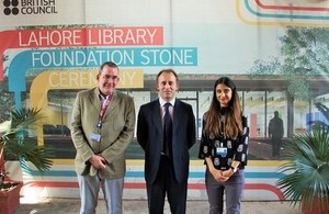 British High Commissioner, Mr. Thomas Drew CMG, with Mr. Murray Keeler and Maayra Rehman during a visit to construction site of the British Council's Library in Lahore.