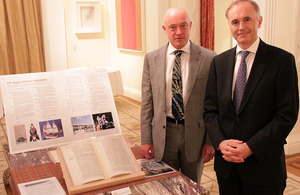 Professor Timon Screech and British Ambassador Tim Hitchens with a replica of John Saris’ diary
