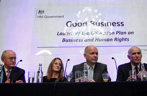 Foreign Secretary William Hague and Business Secretary Vince Cable with Professor John Ruggie, the former UN Secretary General’s Special Representative on Business and Human Rights and author of the UN Guiding Principles and Marcela Manubens, Global VP fo