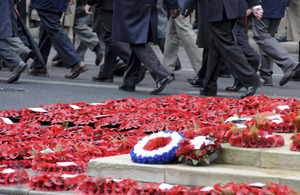 Wreaths of poppies laid at the base of the Cenotaph war memorial in London for Remembrance Sunday