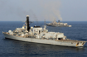 HMS Westminster (foreground) and the INS Delhi during Exercise Konkan 13 [Picture: Leading Airman (Photographer) Dan Rosenbaum, Crown copyright]