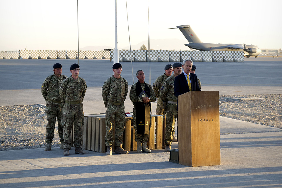 Sir Richard Stagg, British Ambassador to Afghanistan says the final fews words before the lowering of the Union Flag [Picture: Corporal Andrew Morris (RAF), Crown copyright]