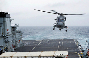 The first of 3 Merlin Mk2 helicopters from 820 Naval Air Squadron touches down on RFA Argus [Picture: Petty Officer Airman (Photographer) Carl Osmond, Crown copyright]