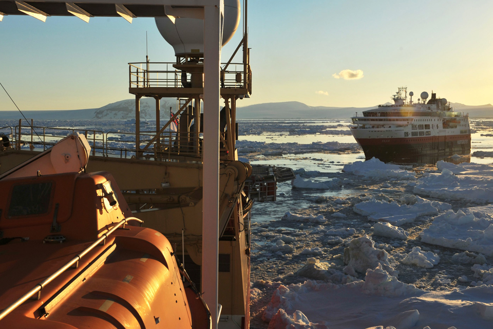 The MV Fram surrounded by ice floes 