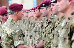 The Prince of Wales presents Operational Service Medals to soldiers from 2nd, 3rd and 4th Battalions of The Parachute Regiment [Picture: Cpl Rupert Frere RLC, Crown Copyright/MOD 2011]