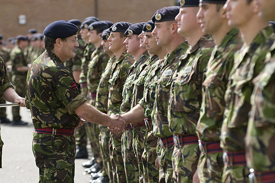Soldiers from the Royal Engineers and Royal Logistic Corps being presented with the new Search badge by the Adjutant General, Lieutenant General Mark Mans