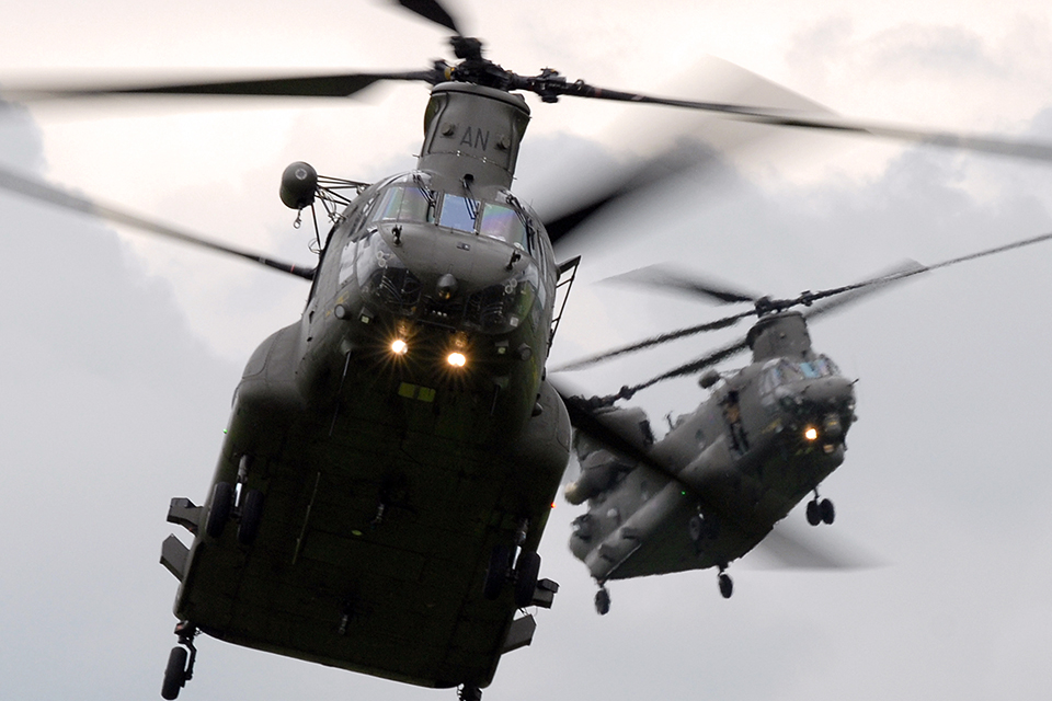 Two Royal Air Force Chinook Mk2 helicopters from RAF Odiham and manufactured by Boeing.