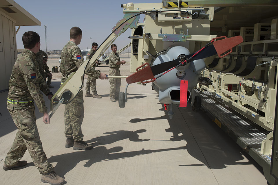 Royal Artillery personnel assembling a Watchkeeper unmanned air system