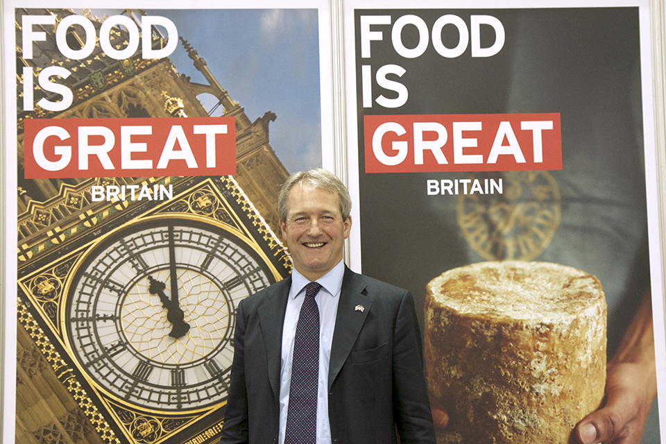 Owen Paterson with Food is GREAT Britain branding.