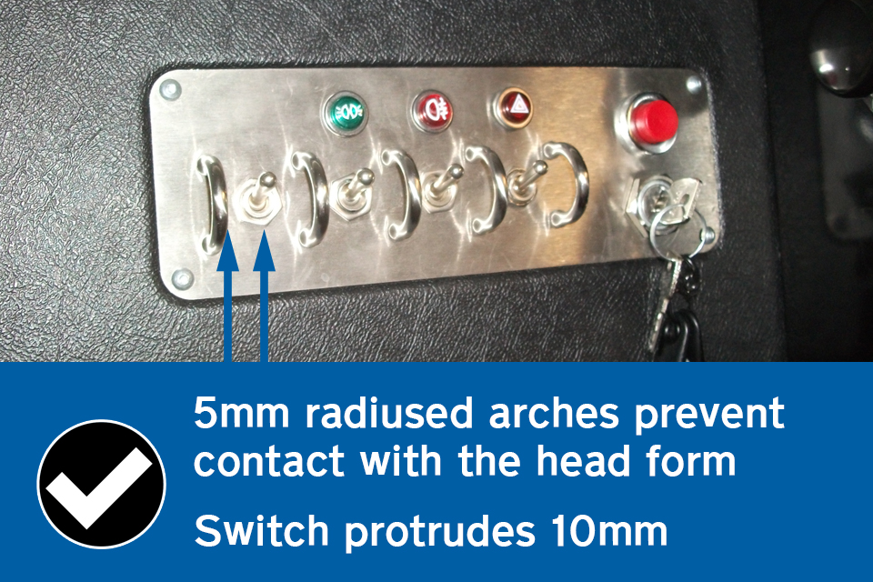 Allowed: switches protrude from dashboard but the 165 mm sphere will contact the protective arches.
