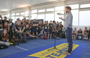 Prince Harry addresses some of the UK Team at the University of Bath Sports Training Village