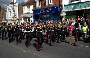 Photo of the band of the Royal Logistics Corp marching in East Grinstead