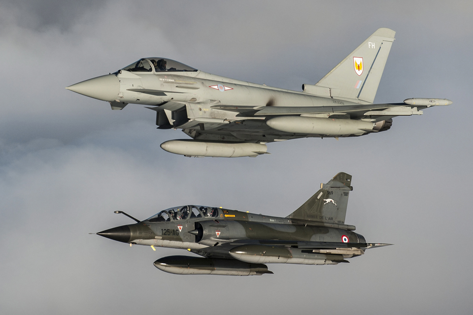 A Royal Air Force Typhoon (top) and a French Air Force Mirage 2000N 