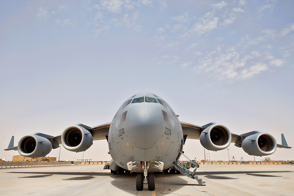 A Royal Air Force C17 transport aircraft at Camp Bastion in Afghanistan, during operations in 2014.