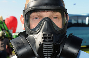 Lance Corporal Andy MacMahon wearing his General Service Respirator