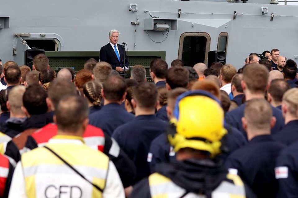 The Defence Secretary addressed the Royal Navy crew and industry personnel on the deck of the new aircraft carrier last month.