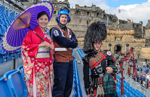 Leading Private Michiko Matsunaga (Japanese Ground Defence Force), Piper Michael Grant (1SCOTS) and Petty Officer Air Engineering Technician Mark Thompson (815 Naval Air Squadron). Crown Copyright.