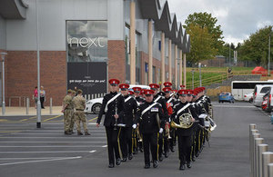 The band of the Royal Armoured Corps play at the opening of Princes Gate, Catterick Garrison’s new town centre. Picture: Copyright Kier. All rights reserved.