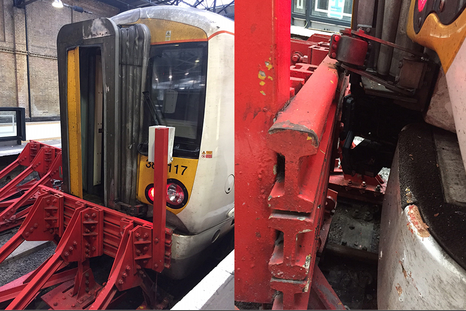 Two views showing the train in a white and yellow livery and the red painted buffer stops after the collision (images courtesy of Network Rail)