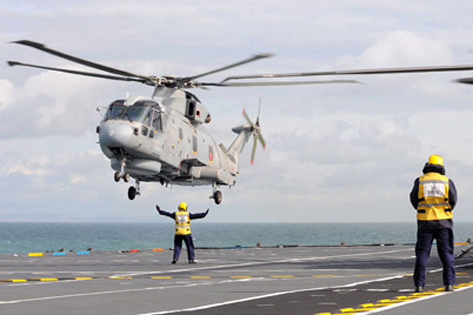 820 Naval Air Squadron's Merlin helicopters arrive onboard HMS Illustrious