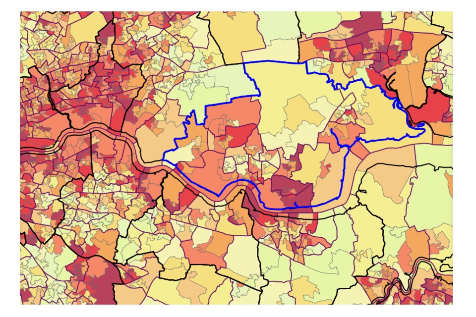 Map showing child deprivation by Lowest Super Output Area