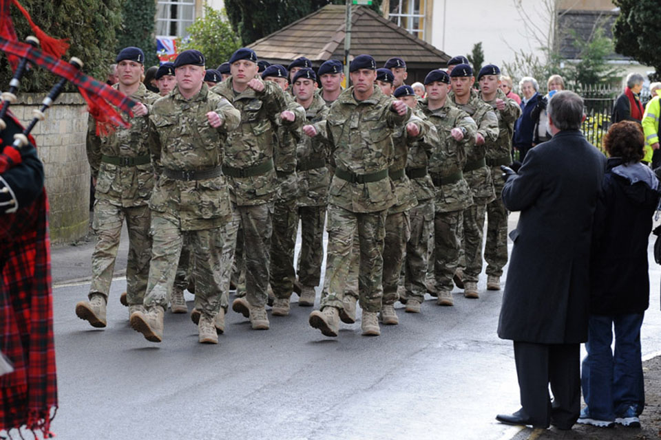 Soldiers from Alpha Troop, 244 Signal Squadron, 21 Signal Regiment (Air Support) marching through Colerne 