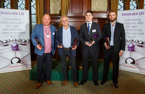 Winners of the 2016 SME innovation awards. From left, Andy Barr, Barrnon Ltd, Toby Peters, Dearman, Peter Ainge, Transvac Systems, and Alex Fisher, Saturn Bioponics.