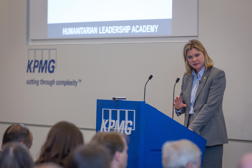 Justine Greening speaking at the launch of the Humanitarian Leadership Academy. Picture: Louis Leeson for the Humanitarian Leadership Academy.