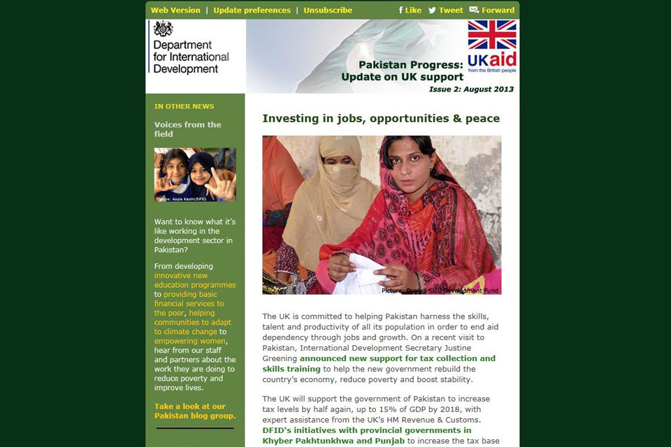 Pakistan Progress - an ebulletin for Pakistani diaspora groups in the UK informing them about DFID's work in Pakistan
