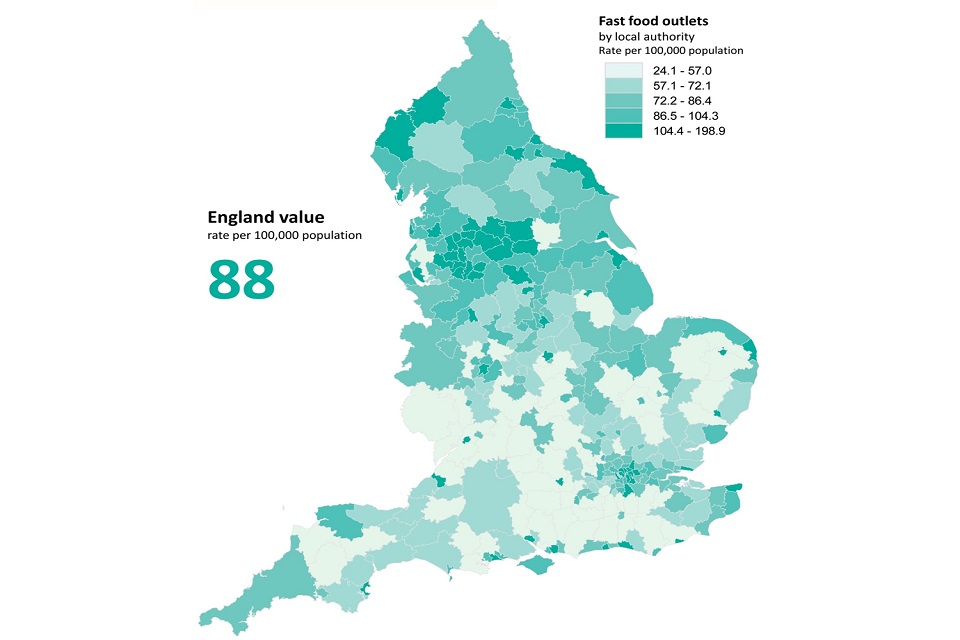 Map of England showing concentrations of fast food outlets in different areas of the country