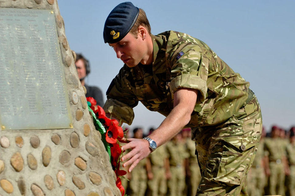 HRH Prince William of Wales lays a wreath at the Camp Bastion Memorial during a special visit to British forces in Helmand province