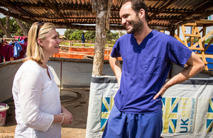 Justine Greening talks with Dr Dominic Waddington, an NHS GP helping in the fight against Ebola in Sierra Leone. Picture: Michael Duff