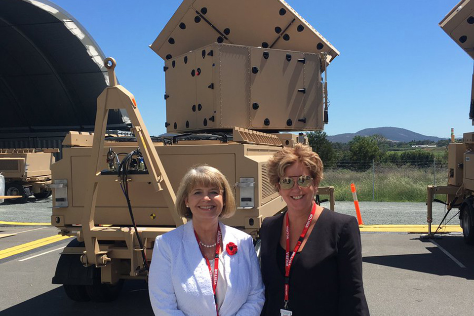 Minister Baldwin at CEA with British High Commissioner to Australia, Menna Rawlings, looking at radar systems.