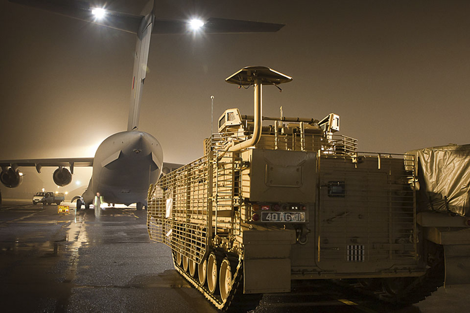 An upgraded Warrior infantry fighting vehicle ready to be loaded onto an RAF C-17 Globemaster at RAF Brize Norton for onward transit to Afghanistan 