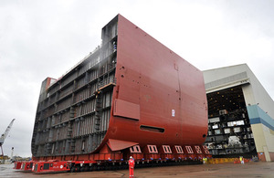 Aft-section block LB04 of future Royal Navy carrier Queen Elizabeth on the move in Govan yard