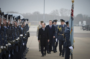 An RAF guard of honour greets French President Francois Hollande and UK Prime Minister David Cameron at RAF Brize Norton [Picture: Sergeant Dave Rose RAF, Crown copyright]