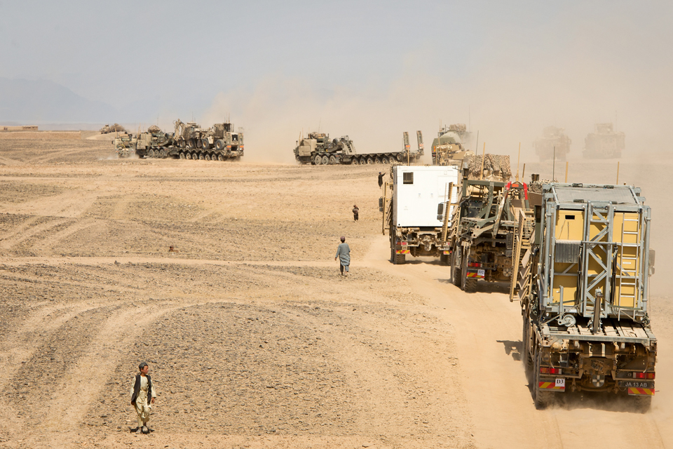 Military vehicles transporting equipment from Sterga to Camp Bastion